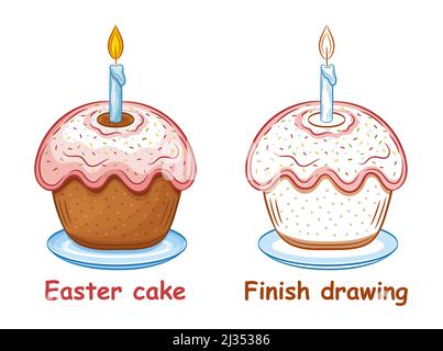 Holiday Easter cake with candle children coloring book page, finish drawing. Sweet glaze cupcake. Christian bread pie pastry. Education game. Vector Stock Vector