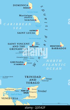 Windward Islands political map. Islands of the Lesser Antilles, south of the Leeward Islands in the Caribbean Sea. From Dominica to Grenada. Stock Photo