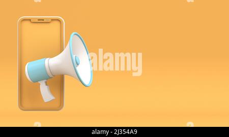 Megaphone and mobile phone 3D rendering illustration isolated on yellow background Stock Photo