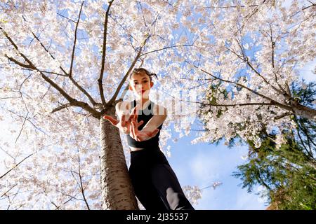 Teenage Female Dancer Under Cherry Trees at UC Berkeley Stock Photo