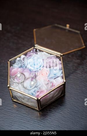 The ring pillow used for the wedding was placed on the altar. Stock Photo