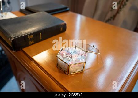 The ring pillow used for the wedding was placed on the altar. Stock Photo