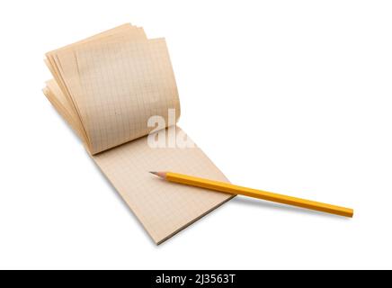 Vintage paper note pad checkered open with yellow pencil isolated on white, copy space, clipping path Stock Photo