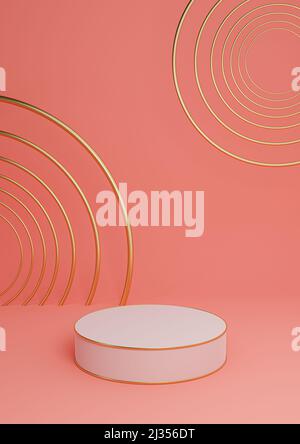 Bright, neon, salmon pink 3D rendering minimal product display luxury cylinder podium or product background abstract composition with golden lines and Stock Photo