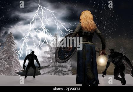 Blond woman Viking warrior with sword and shield fighting two werewolves in winter background - 3D rendering Stock Photo