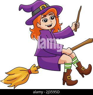 Witch Girl On A Broomstick Cartoon Colored Clipart Stock Vector