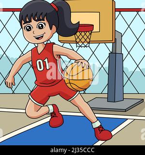 Girl Playing Basketball Colored Cartoon Stock Vector