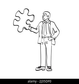 line art full length of businessman holding jigsaw puzzle illustration vector hand drawn isolated on white background. Business teamwork concept. Stock Vector