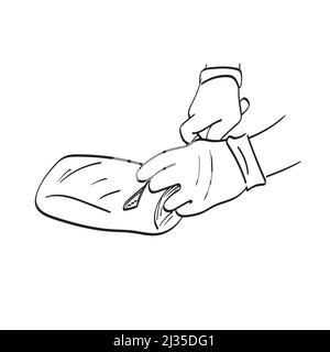 line art closeup hand with latex gloves using knife to cut meat illustration vector hand drawn isolated on white background Stock Vector