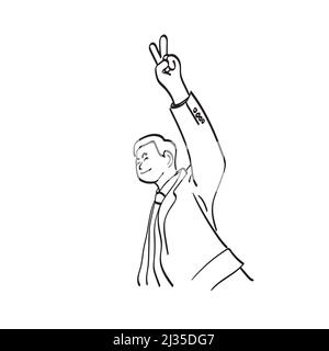 line art half length businessman showing victory sign over his head illustration vector hand drawn isolated on white background Stock Vector