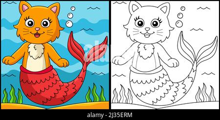 Cat Mermaid Coloring Page Colored Illustration Stock Vector