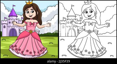 Princess In front of the Castle Coloring  Stock Vector