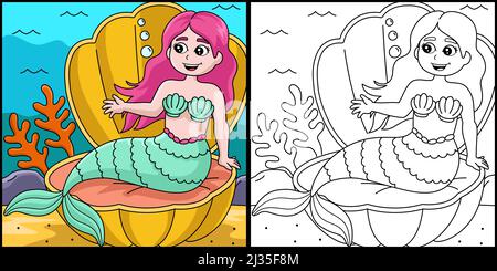 Mermaid Sitting In A Shell Coloring Illustration Stock Vector