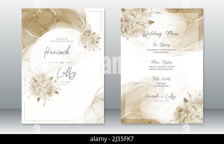 Luxury wedding invitation card template elegant of gold background with marble texture and rose bouquet Stock Vector