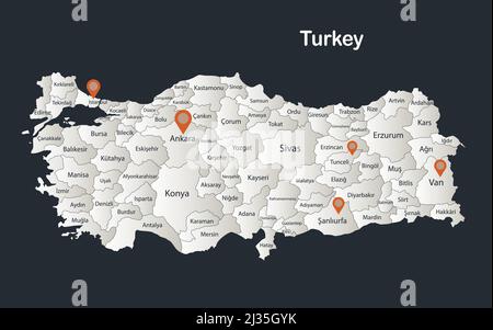 Turkey map, Infographics flat design colors snow white, with names of individual regions vector Stock Vector