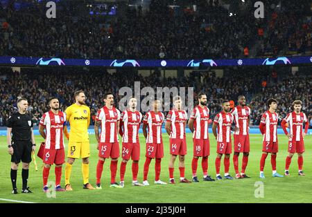 Manchester, England, 5th April 2022.   Atletico Madrid line up before the UEFA Champions League match at the Etihad Stadium, Manchester. Picture credit should read: Darren Staples / Sportimage Stock Photo