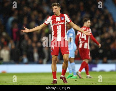 Manchester, England, 5th April 2022.   Marcos Llorente of Athletico Madrid during the UEFA Champions League match at the Etihad Stadium, Manchester. Picture credit should read: Darren Staples / Sportimage Stock Photo