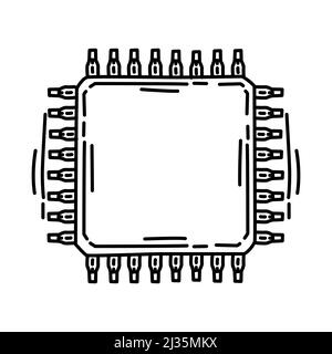 Chip Component Part of Computer Accessories and Hardware Hand Drawn Icon Set Vector. Stock Vector