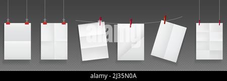 Folded posters hang on rope and pins, white paper blank sheets of wrinkled texture. Mockup for flyer, advertisement or letter with folds, crumpled tor Stock Vector