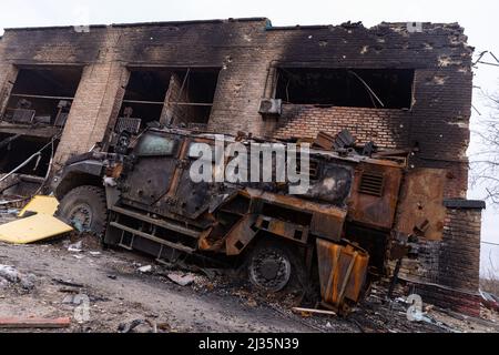 Hostomel, Ukraine. 05th Apr, 2022. A destroyed military truck is seen at the Antonov International Airport in Hostomel, Ukraine on April 5, 2022. Russian military forces entered Ukraine territory on Feb. 24, 2022. (Photo by Daniel Brown/Sipa USA) Credit: Sipa USA/Alamy Live News Stock Photo