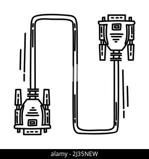 VGA Cable Part of Computer Accessories and Hardware Hand Drawn Icon Set Vector. Stock Vector