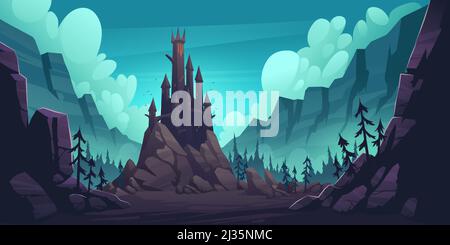 Creepy castle on rock at night, haunted gothic palace in mountains, building with pointed tower roofs, glowing windows and bats flying in dark sky. Fa Stock Vector