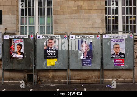 PARIS, FRANCE –30 MAR 2022- View of official political candidate posters for the French presidential election to take place on April 10 and 24, 2022 o Stock Photo