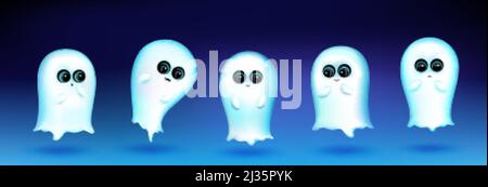 Cute ghost character with different emotions on blue background. Vector set of cartoon mascot, white phantom smiling, greeting, sad and surprised. Cre Stock Vector