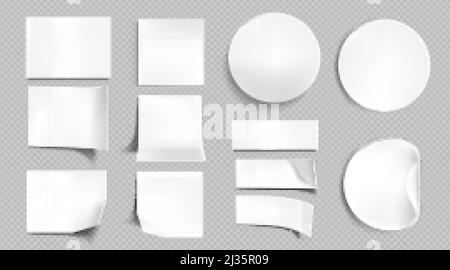 White paper stickers, blank square, round and rectangle sticky notes. Vector realistic set of empty labels with bent and folded corners, adhesive tags Stock Vector