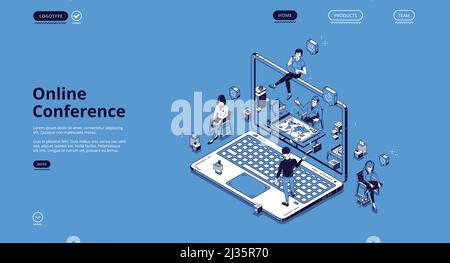 Online conference isometric landing page, tiny business people communicate via internet video call at huge laptop. Virtual meeting with colleagues, di Stock Vector
