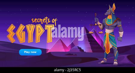 Game banner about Secrets of Egypt with Anubis and pyramids on desert landscape. Vector cartoon background for game ui interface with ancient tombs an Stock Vector