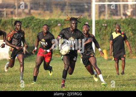 Kampala, Uganda. 5th Apr, 2022. Uganda's Rugby Sevens team players attend a training session at Kyadondo Rugby Grounds in Kampala, capital of Uganda, on April 5, 2022. Uganda national rugby sevens team resumed training in preparation for the African Men's Rugby Sevens Championship. Credit: Hajarah Nalwadda/Xinhua/Alamy Live News Stock Photo