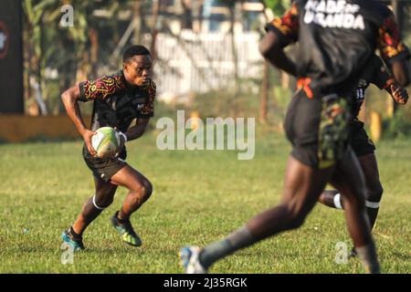 Kampala, Uganda. 5th Apr, 2022. Adrian Kasito of Uganda's Rugby Sevens team attends a training session at Kyadondo Rugby Grounds in Kampala, capital of Uganda, on April 5, 2022. Uganda national rugby sevens team resumed training in preparation for the African Men's Rugby Sevens Championship. Credit: Hajarah Nalwadda/Xinhua/Alamy Live News Stock Photo