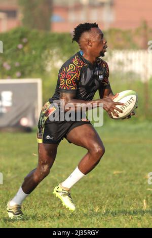 Kampala, Uganda. 5th Apr, 2022. Levis Ocen of Uganda's Rugby Sevens team attends a training session at Kyadondo Rugby Grounds in Kampala, capital of Uganda, on April 5, 2022. Uganda national rugby sevens team resumed training in preparation for the African Men's Rugby Sevens Championship. Credit: Hajarah Nalwadda/Xinhua/Alamy Live News Stock Photo