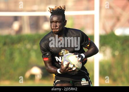 Kampala, Uganda. 5th Apr, 2022. Aaron Ofoyrwoth of Uganda's Rugby Sevens team attends a training session at Kyadondo Rugby Grounds in Kampala, capital of Uganda, on April 5, 2022. Uganda national rugby sevens team resumed training in preparation for the African Men's Rugby Sevens Championship. Credit: Hajarah Nalwadda/Xinhua/Alamy Live News Stock Photo