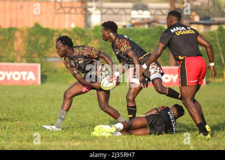 Kampala, Uganda. 5th Apr, 2022. Players of Uganda's Rugby Sevens team attend a training session at Kyadondo Rugby Grounds in Kampala, capital of Uganda, on April 5, 2022. Uganda national rugby sevens team resumed training in preparation for the African Men's Rugby Sevens Championship. Credit: Hajarah Nalwadda/Xinhua/Alamy Live News Stock Photo