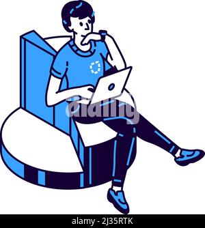 Graph, pie chart isometric vector icon illustration, male analyst doing financial analysis Stock Vector