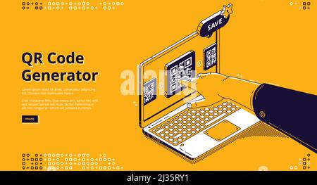 Qr code generator isometric landing page, hand push on screen using service for creation machine readable optical mark for getting information or cash Stock Vector