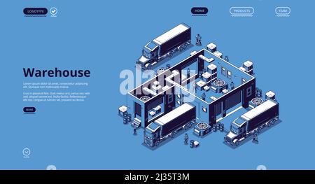 Warehouse logistics isometric landing page, workers loading freight in delivery trucks in depot. Goods import and export shipping, ground transportati Stock Vector