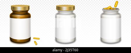 Medicine bottles with golden lids and yellow pills isolated on transparent background. Vector realistic 3d mockup of brown and white containers with b Stock Vector