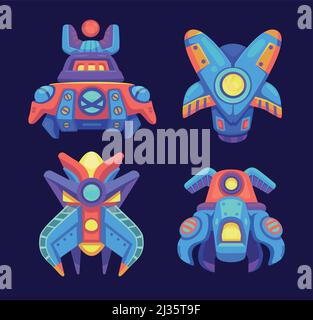 Alien space ships, ufo rockets, fantasy bizarre shuttles, computer game graphic design elements, cosmic collection of funny spaceships isolated on blu Stock Vector