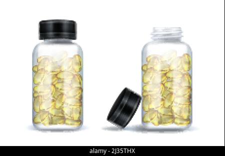 Medicine bottles with clear yellow capsules isolated on white background. Vector realistic mockup of glass or plastic transparent container with open Stock Vector