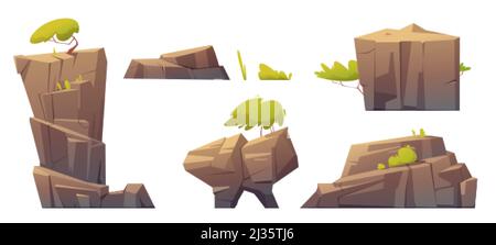 Mountain rocks, island or stones with green trees and plants, natural elements, geological materials texture or pc game formation isolated on white ba Stock Vector