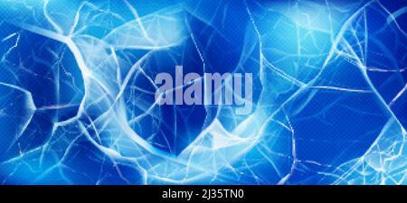 Cracked ice top view, transparent frozen water surface texture, abstract blue background with random cracks. Cold winter season river, pond, lake or s Stock Vector