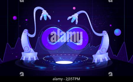 DevOps concept. Development operations, continuous process of software production and administration. Vector cartoon illustration with hologram of lif Stock Vector