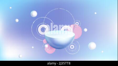 Abstract background with 3d geometric shapes on blue backdrop, pearls, hemisphere, pink and white cylinders or circles with silver rings, Realistic ve Stock Vector