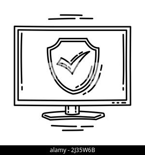 PC Protected Part of Computer Software and Hardware Hand Drawn Icon Set Vector. Stock Vector