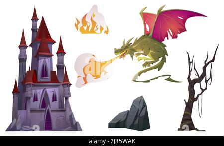 Dragon breath with fire, old castle, tree and rock cartoon set. Fantasy character, magic palace, natural objects fairytale images for book or computer Stock Vector