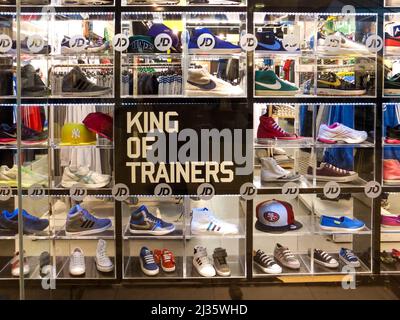 A presentation of trainers by JD Sports, the 'King of Trainers,' in The Chimes Shopping Centre in Uxbridge, Hillingdon, London, England, UK. Stock Photo