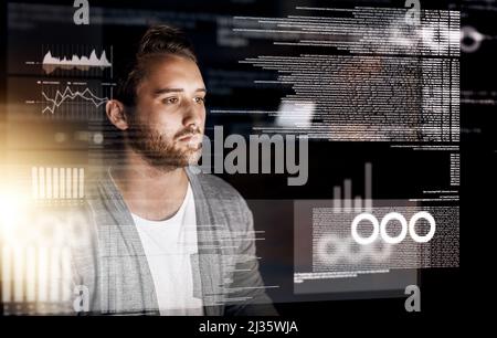 Encoding in progress. Cropped shot of a young computer programmer working on source code. Stock Photo